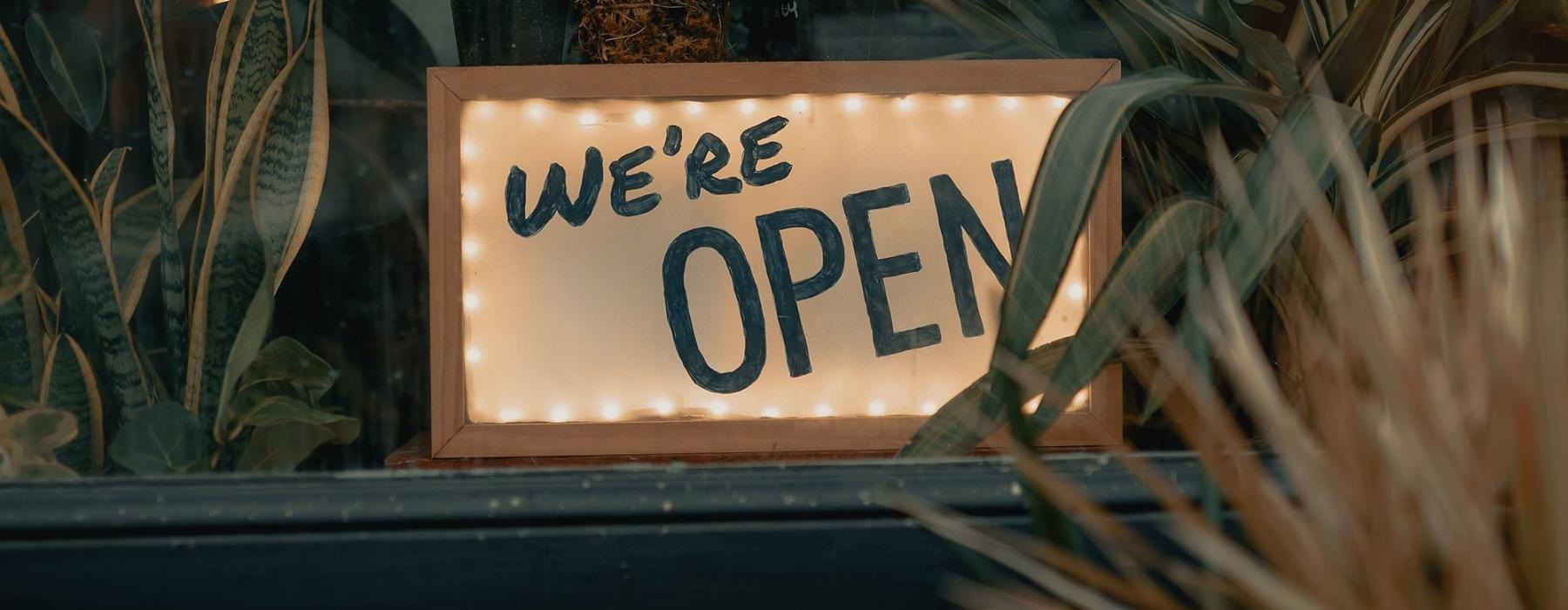 We're Open sign on a window ledge, surrounded by plants